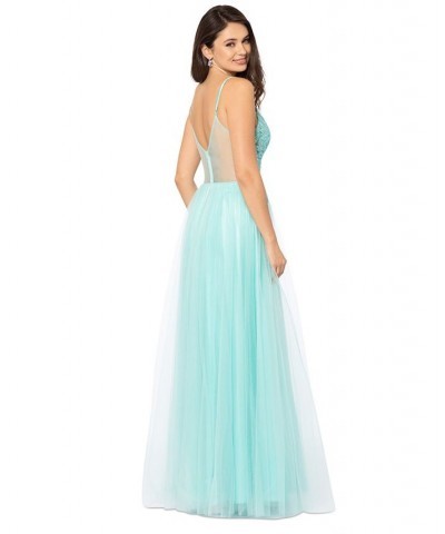 Juniors' Mesh Embroidered-Bodice Ball Gown Green $98.26 Dresses