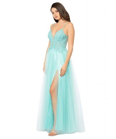 Juniors' Mesh Embroidered-Bodice Ball Gown Green $98.26 Dresses