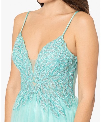 Juniors' Mesh Embroidered-Bodice Ball Gown Green $98.26 Dresses