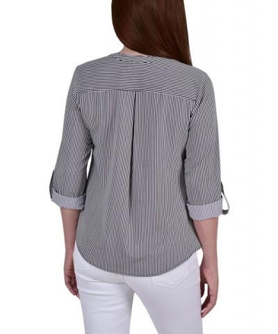 Petite Tab Y Neck Blouse Black, White Fleur De Lis $12.60 Tops