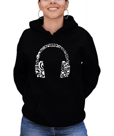 Women's Word Art Music Note Headphones Hooded Sweatshirt Black $28.20 Sweatshirts