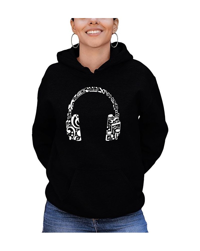 Women's Word Art Music Note Headphones Hooded Sweatshirt Black $28.20 Sweatshirts