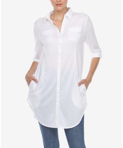 Women's Stretchy Button-Down Tunic Top White $14.76 Tops