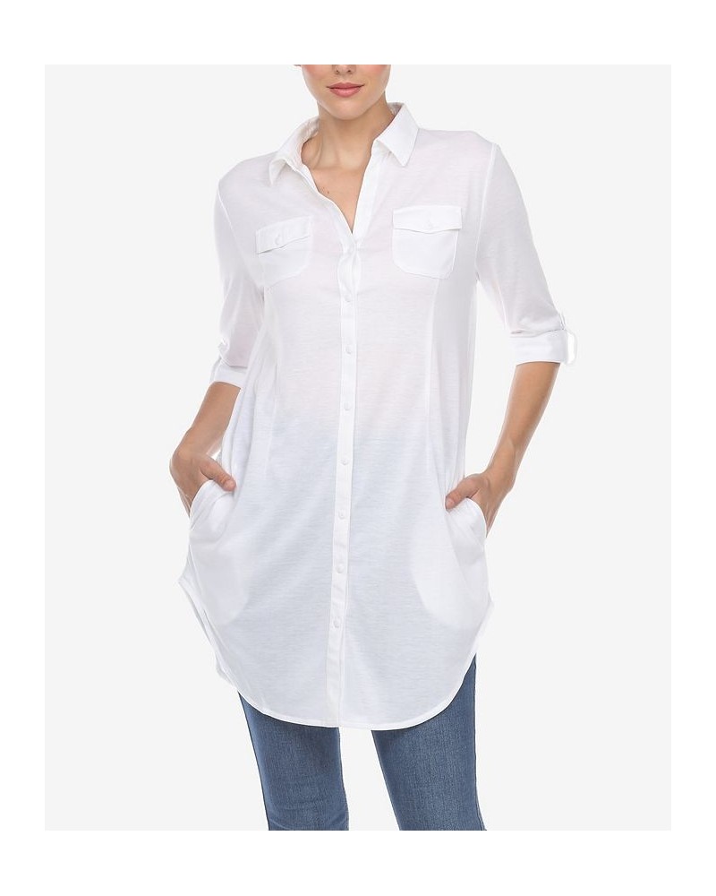 Women's Stretchy Button-Down Tunic Top White $14.76 Tops