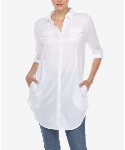 Women's Stretchy Button-Down Tunic Top White $14.76 Tops