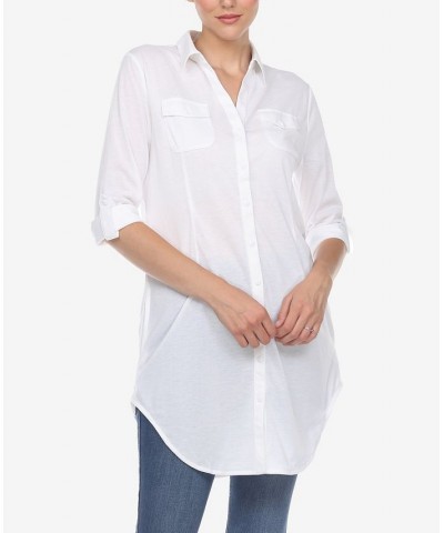 Women's Stretchy Button-Down Tunic Top White $14.76 Tops