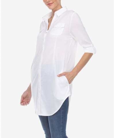 Women's Stretchy Button-Down Tunic Top White $14.76 Tops