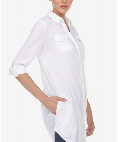 Women's Stretchy Button-Down Tunic Top White $14.76 Tops