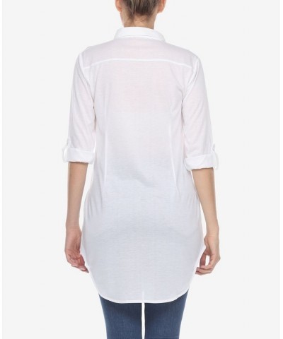 Women's Stretchy Button-Down Tunic Top White $14.76 Tops