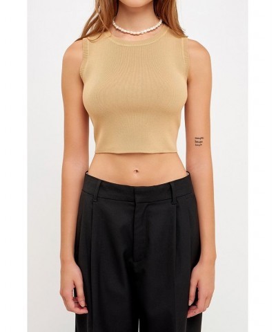 Women's Knit Crew Neck Cropped Tank Top Tan $28.20 Tops