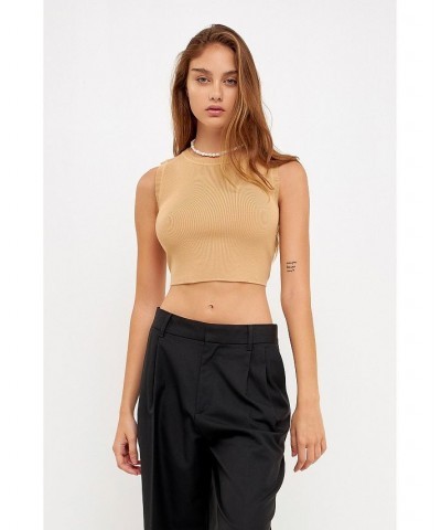 Women's Knit Crew Neck Cropped Tank Top Tan $28.20 Tops