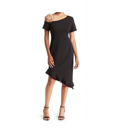 Crystal Bow Shoulder Asymmetrical Dress Black $117.64 Dresses