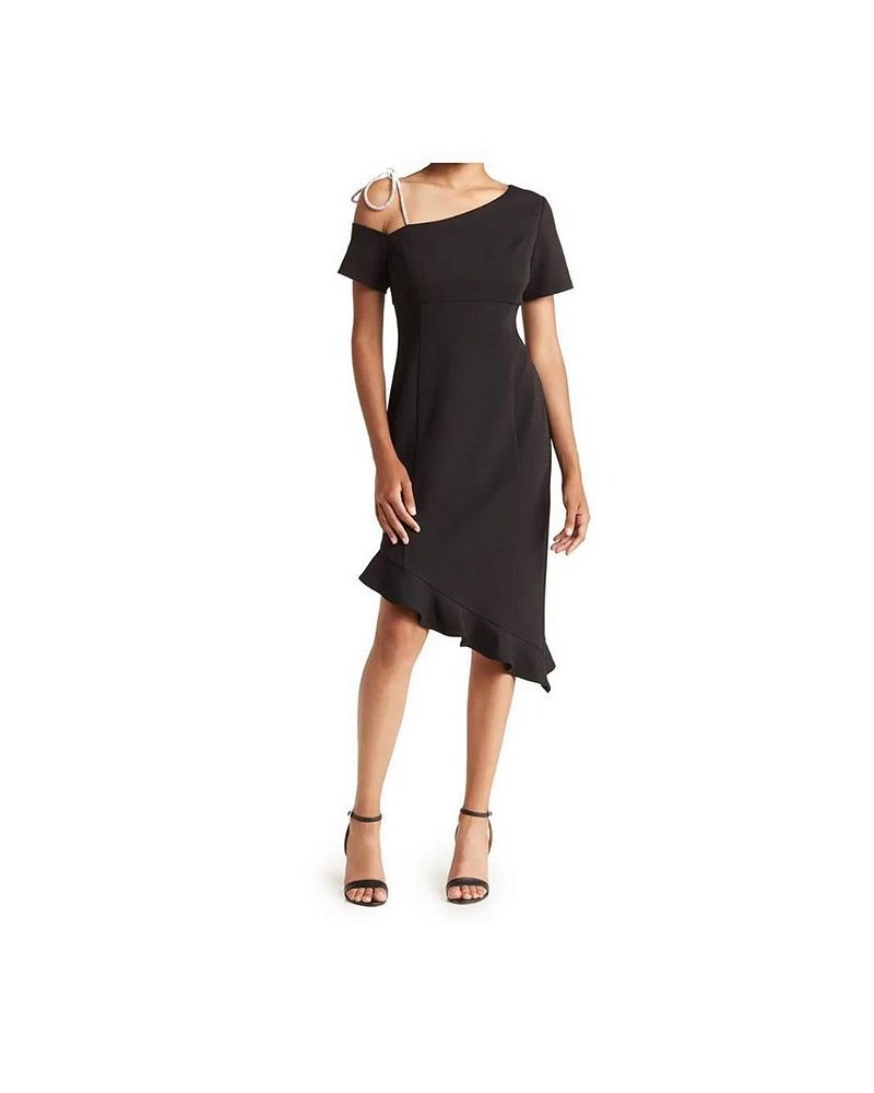 Crystal Bow Shoulder Asymmetrical Dress Black $117.64 Dresses