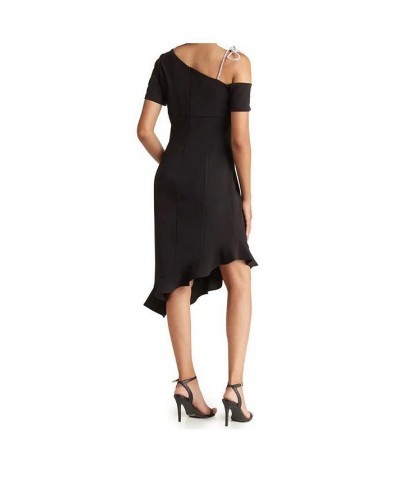 Crystal Bow Shoulder Asymmetrical Dress Black $117.64 Dresses