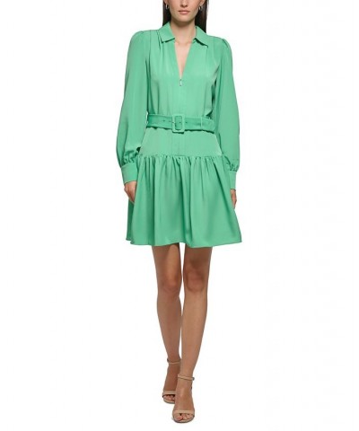 Women's V-Neck Drop-Waist A-Line Dress Green $77.42 Dresses