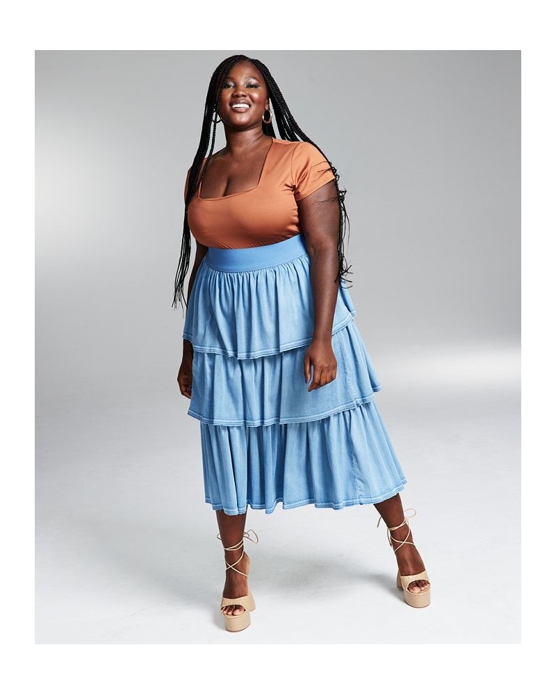 GooGoo Atkins Trendy Plus Size Tiered Chambray Ruffle Maxi Skirt Light Denim Wsh $22.66 Skirts