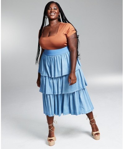 GooGoo Atkins Trendy Plus Size Tiered Chambray Ruffle Maxi Skirt Light Denim Wsh $22.66 Skirts