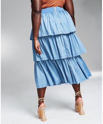 GooGoo Atkins Trendy Plus Size Tiered Chambray Ruffle Maxi Skirt Light Denim Wsh $22.66 Skirts