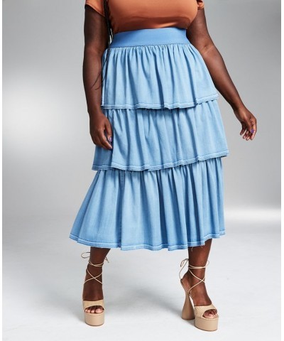 GooGoo Atkins Trendy Plus Size Tiered Chambray Ruffle Maxi Skirt Light Denim Wsh $22.66 Skirts