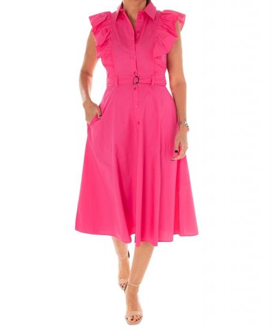 Women's Cotton Belted Ruffled Midi Shirtdress Pink $51.92 Dresses