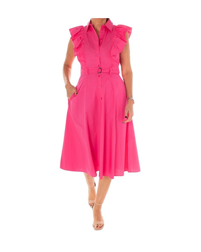 Women's Cotton Belted Ruffled Midi Shirtdress Pink $51.92 Dresses