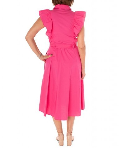 Women's Cotton Belted Ruffled Midi Shirtdress Pink $51.92 Dresses