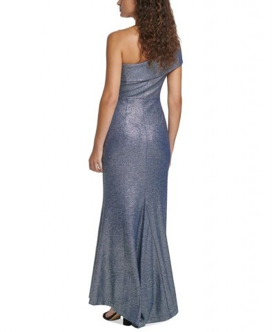 Women's One Shoulder Side Tucked Gown Navy Silver $66.56 Dresses