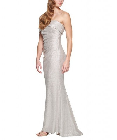 Women's One Shoulder Side Tucked Gown Navy Silver $66.56 Dresses