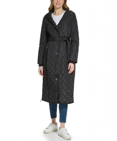 Women's Long Hooded Self Tie Quilted Coat Black $84.00 Coats