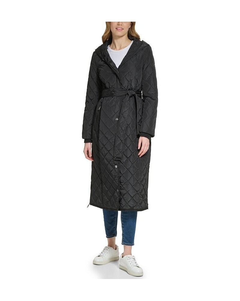 Women's Long Hooded Self Tie Quilted Coat Black $84.00 Coats