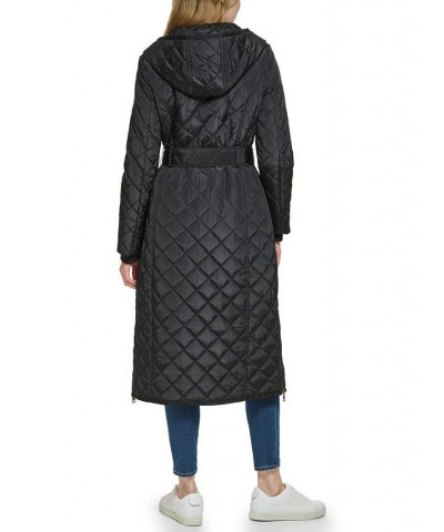 Women's Long Hooded Self Tie Quilted Coat Black $84.00 Coats