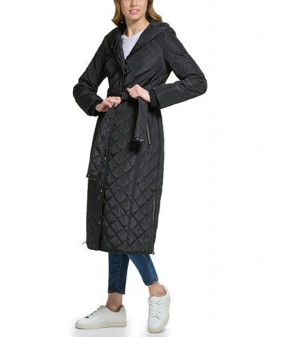 Women's Long Hooded Self Tie Quilted Coat Black $84.00 Coats