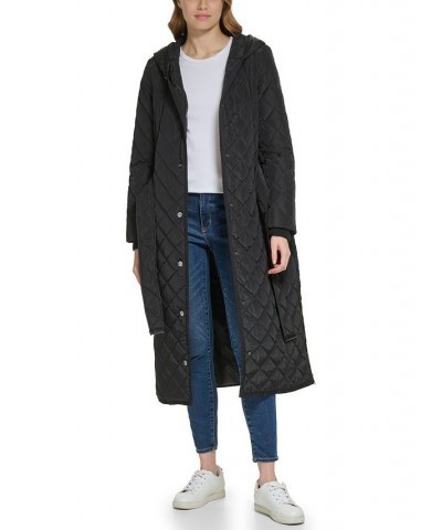 Women's Long Hooded Self Tie Quilted Coat Black $84.00 Coats