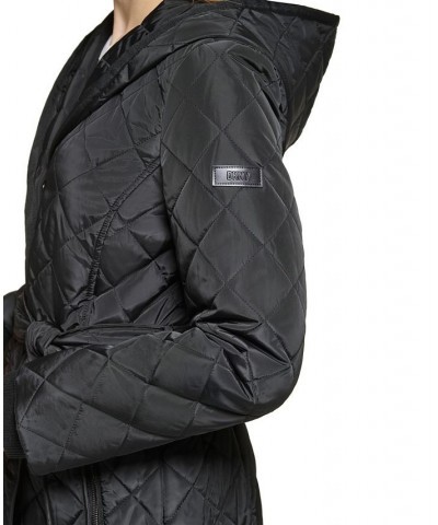 Women's Long Hooded Self Tie Quilted Coat Black $84.00 Coats