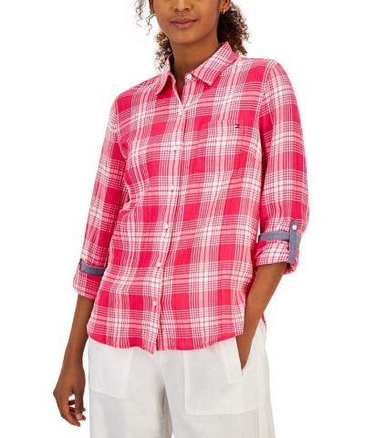 Women's Roll-Tab Sleeve Buttoned Top Pink $42.93 Tops