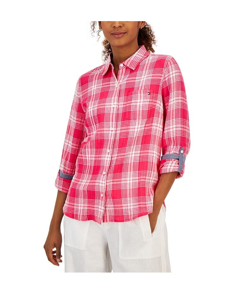 Women's Roll-Tab Sleeve Buttoned Top Pink $42.93 Tops