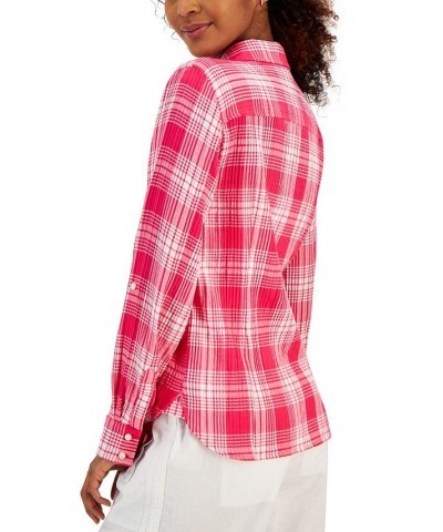 Women's Roll-Tab Sleeve Buttoned Top Pink $42.93 Tops