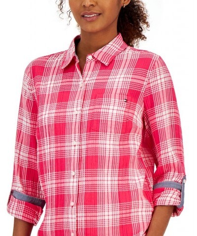 Women's Roll-Tab Sleeve Buttoned Top Pink $42.93 Tops