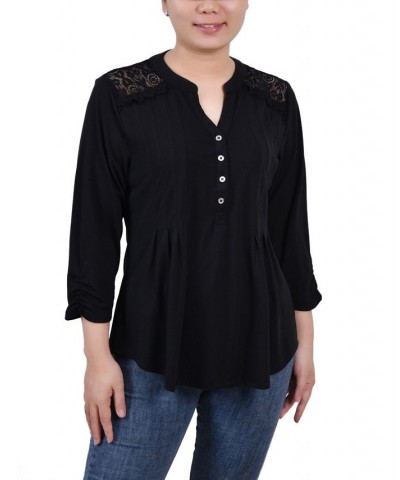 Petite Rouched Sleeve Pintuck Top Black $15.36 Tops