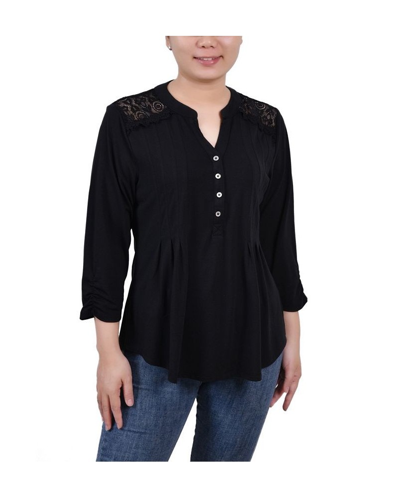 Petite Rouched Sleeve Pintuck Top Black $15.36 Tops