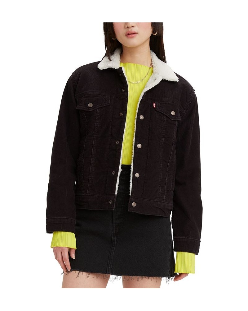 Women's Ex-Boyfriend Cotton Faux-Sherpa-Lined Trucker Jacket Black $31.50 Jackets