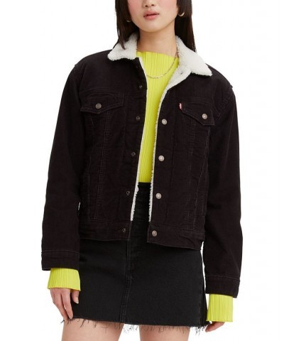 Women's Ex-Boyfriend Cotton Faux-Sherpa-Lined Trucker Jacket Black $31.50 Jackets