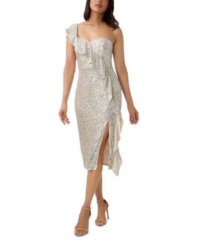 Women's One-Shoulder Ruffled Sequin Dress Champagne Silver $102.00 Dresses
