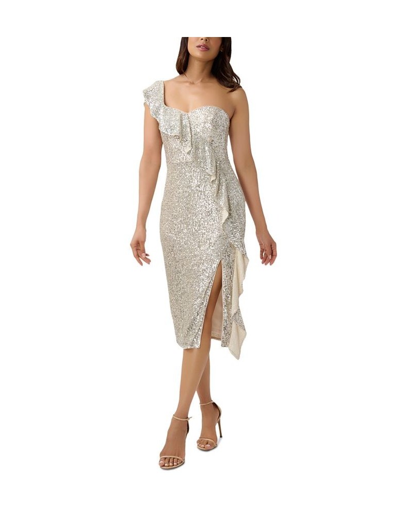 Women's One-Shoulder Ruffled Sequin Dress Champagne Silver $102.00 Dresses