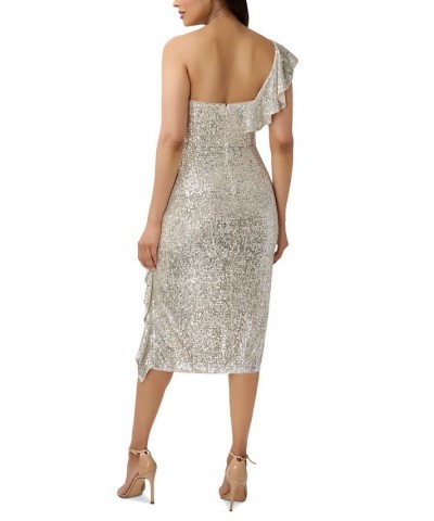 Women's One-Shoulder Ruffled Sequin Dress Champagne Silver $102.00 Dresses