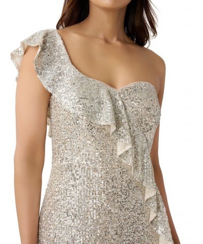 Women's One-Shoulder Ruffled Sequin Dress Champagne Silver $102.00 Dresses