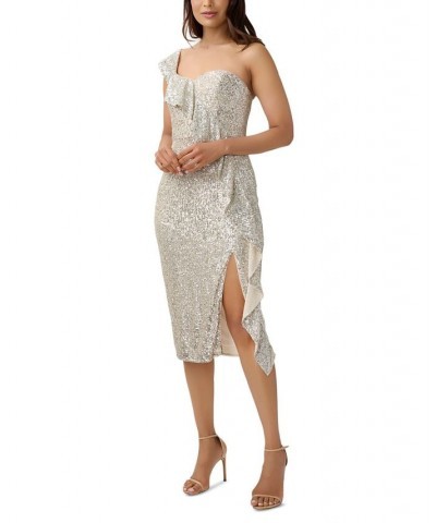 Women's One-Shoulder Ruffled Sequin Dress Champagne Silver $102.00 Dresses