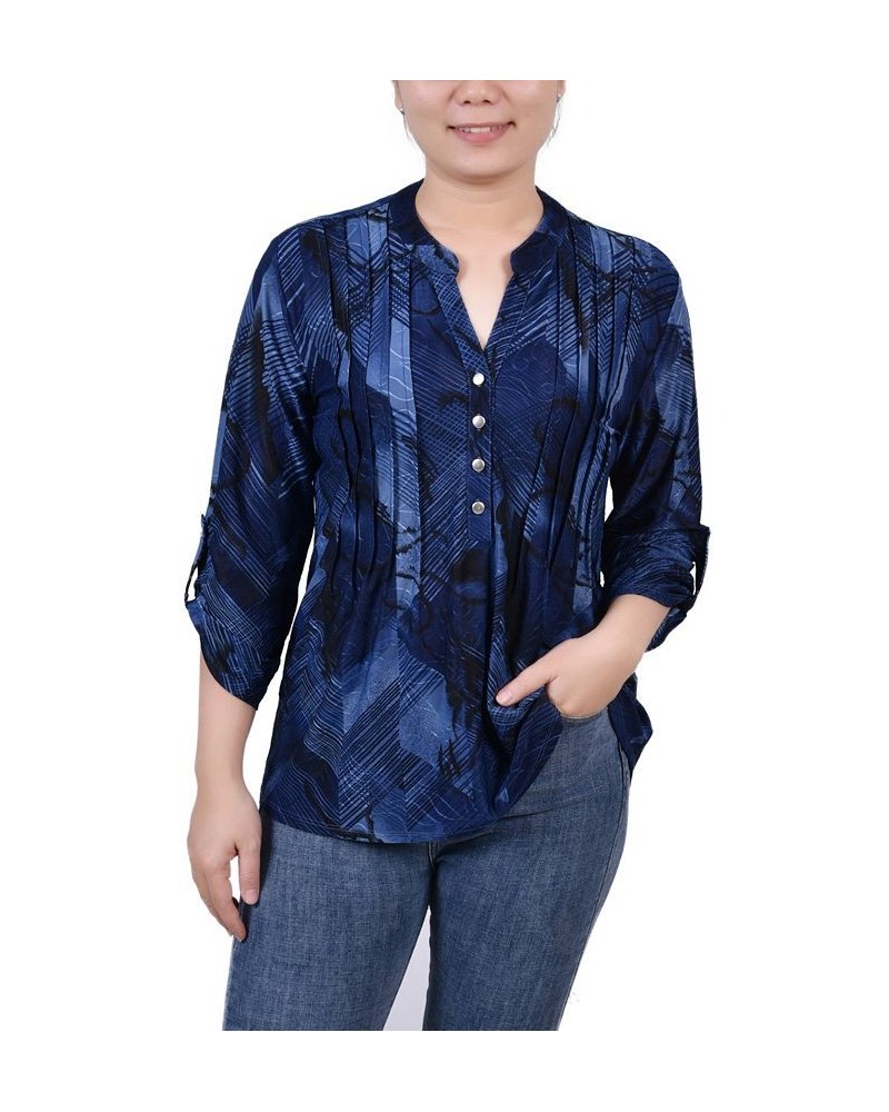 Petite 3/4 Roll Tab Sleeve Printed Pintuck Top Navy Chervon $14.40 Tops