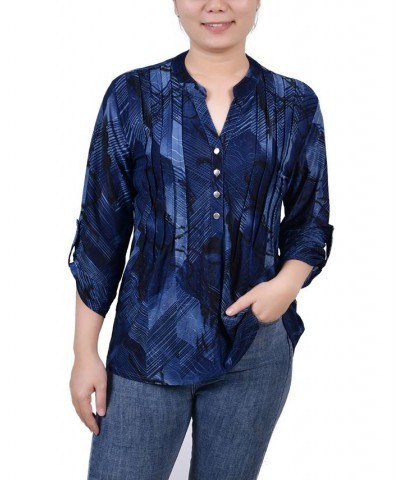 Petite 3/4 Roll Tab Sleeve Printed Pintuck Top Navy Chervon $14.40 Tops