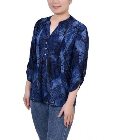 Petite 3/4 Roll Tab Sleeve Printed Pintuck Top Navy Chervon $14.40 Tops